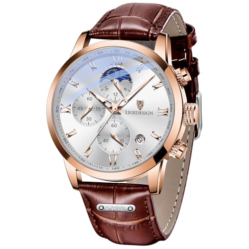 LIGE Uhren Herren, Chronograph Herrenuhren Braun, Analoger Quarz Lederarmband, Kalenderfunktion Leuchtzeiger, 3ATM Wasserdicht, Armbanduhr Herren Business Outdoor Erholung