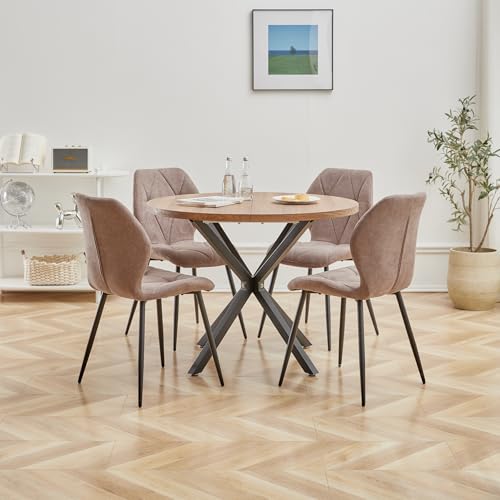 DEYARNA HOME Essgruppe Set Tisch und Stühle, 100cm Runder Esstisch und 4 Leinen-Esszimmerstühle, 4 Stühle & Tisch für Küche, Esszimmer und Wohnzimmer (Braun-LX, 100 * 100 * 76.5cm (Dunkle Holzfarbe))