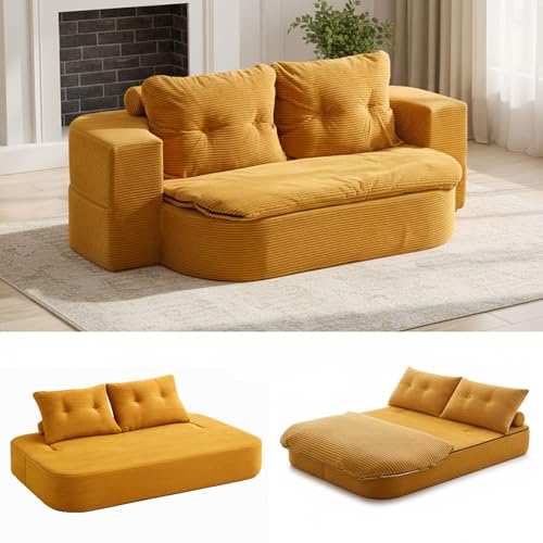 LNRLZYLS 2-Sitzer Cord Schlafsofa, Faltbares Sofa Bett ohne Montage, Bequemes Umwandelbares Loungesofa mit Waschbaren Bezügen, Modernes Design für Wohnzimmer & Gästezimmer, Gelb