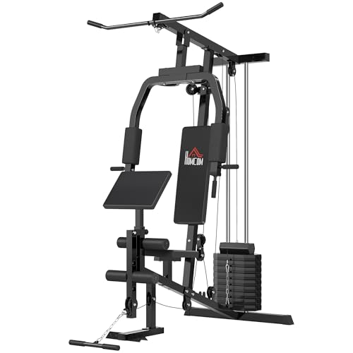 HOMCOM Kraftstation für Zuhause Fitnessstation mit Latzuggerät, Kabelzug, kurzer Bizepsstange, Brustpresse, Beintrainer, Butterfly-Maschine 45kg Gewichten Multifunktion Fitnessstation Schwarz