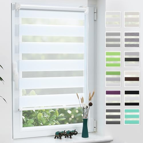 Grandekor Doppelrollo Klemmfix ohne Bohren Weiß 40x130cm(Stoffbreite 36cm) Fenster Rollos für innen Klemmrollos Duo Rollos für Fenster ohne Bohren mit Bohren Privatschutz UV-Schutz Zebrarollo