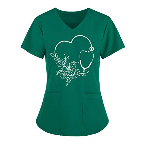 Kasack Damen Pflege Günstig große größen mit Liebe Motiv T-Shirt Schlupfkasack mit Taschen Kurzarm V-Ausschnitt Schlupfhemd Schlupfshirt Berufskleidung Krankenpfleger Uniformen Nurse