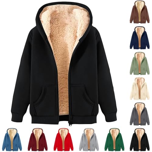 Uwdiohq Fleecejacke Damen Hoodie Kapuzenpullover mit Zipper, Fleecepullover Dick Warm Basic Sweatjacke mit Kapuze, Winterjacke Einfarbig Hooded mit Reißverschluss Sportlicher, (Schwarz,5XL)