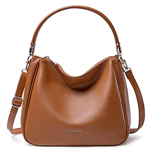David Jones - Damen Schultertasche Hobo - Mittelgroße Umhängetasche Weich PU Leder Frau - Shopper Handtasche Lange Henkel - Klassische Tasche Alltag Beuteltasche - Einfache Henkeltasche - Cognac Braun