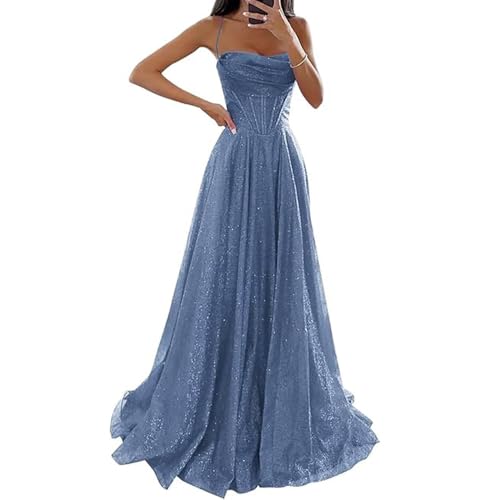 JIAALU Glitzernde Pailletten Tüllkleider Elegantes Damen Abendkleid mit Glitzerpailletten & Spaghettiträgern A-Linie Ballkleid in Tüll für Hochzeit, Langer Schlitz & Korsett-Design
