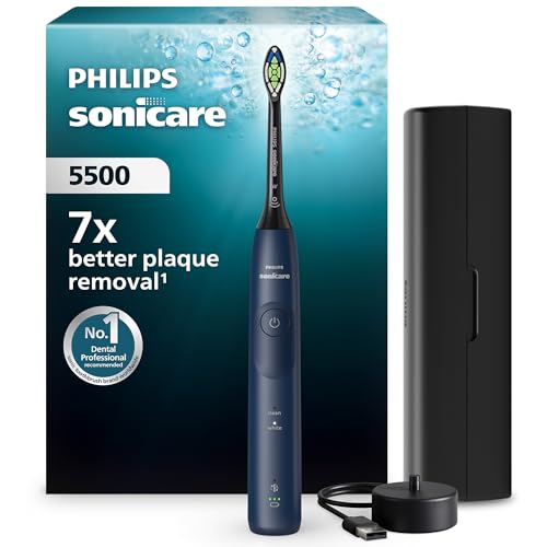 Philips Sonicare 5500 elektrische Zahnbürste, Schallzahnbürste mit 2 Putzmodi, Andruckkontrolle, EasyStart, SmarTimer und BrushPacer, Navy, Modell HX7113/01 [Neue Technologie]