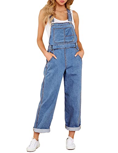Roskiky Damen Casual Vintage Overalls Loose Straight Denim Latz Overall Jean Pants Blau XS