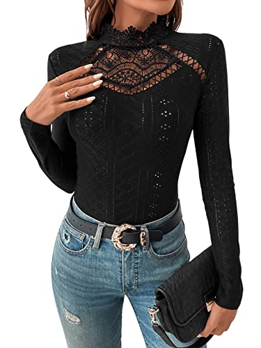 GORGLITTER Damen Bodysuit Elegant Bodies Stehkragen Öse Stickerei Bodys Langarm Body mit Spitzeneinsatz Schwarz S