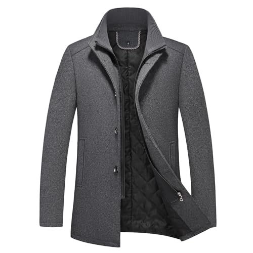KUDORO Herren Wintermantel Wolle Mittellang Wollmantel mit Stehkragen Slim Fit für Business Freizeit Peacoat Casual(Grau,XL)