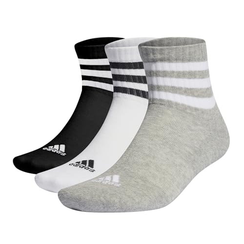 adidas Unisex 3-Stripes Cushioned Sportswear Mid-Cut Socks 3 Pairs, Medium Grey Heather / White / Black, 8.5-10