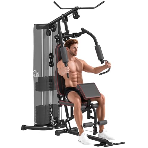 HOMCOM Kraftstation, Multifunktionales Fitnessgerät mit Latzug- & Butterflystange, Seilzug, Hantelbank, Beincurler, Brustpresse, Fitnessstation für Zuhause mit 45 kg Gewichtsblöcken, Schwarz