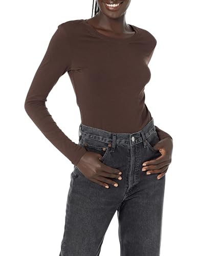 Amazon Essentials Damen Regular-Fit Langarm-T-Shirt Rundhalsausschnitt (In Übergröße Erhältlich), Espresso, L