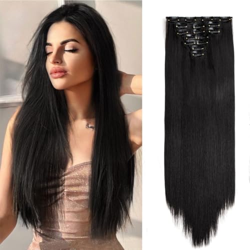 Swy Hair Clip-in-Haarverlängerung, gewellt, glatt, Kunsthaar, Größe S, Naturschwarz, glatt, 7 Stück