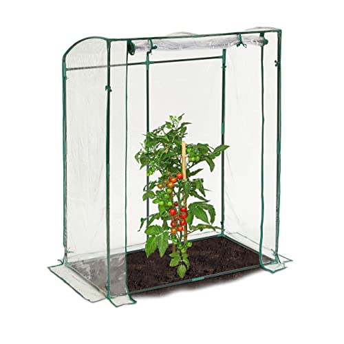 Relaxdays Tomatengewächshaus, PVC-Folie, HBT: 170 x 130 x 75 cm, begehbares Foliengewächshaus mit Tür, transparent/grün