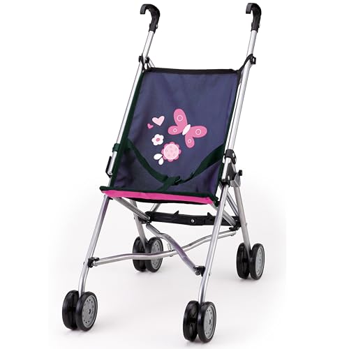 Bayer Design 30113AA Puppenbuggy, Puppenwagen, Doppelräder, Gurt, leicht faltbar, aus Metall, Blau/Pink