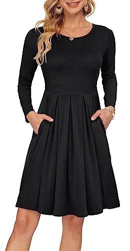 AUSELILY Damen Langarm Plissee Loose Swing Freizeitkleid mit knielangen Taschen Schwarz XL