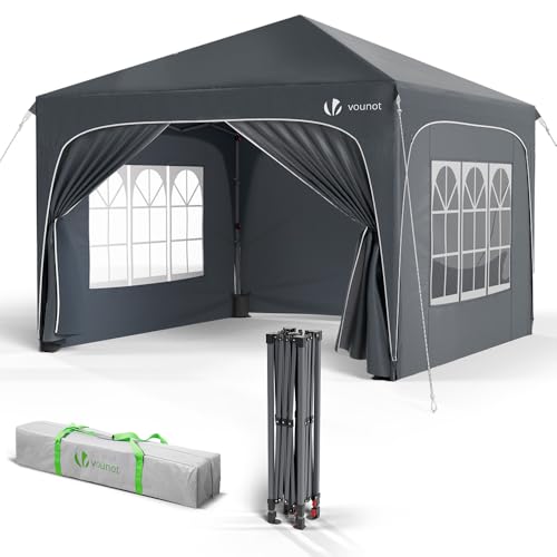 VOUNOT® Pavillon 3x3m mit 4 Seitenteilen & 4 Sandsäcke, Pop Up Faltpavillon, Wasserdicht, Faltbar Gartenzelt Partyzelt, inkl. Tasche, Grau