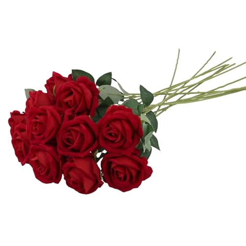 QWORK® 12 Stück Künstliche Rosen, Rote Rosen, Kunstrosen Blumen mit Langen Plastikstielen für Tischdekorationen bei Hochzeiten