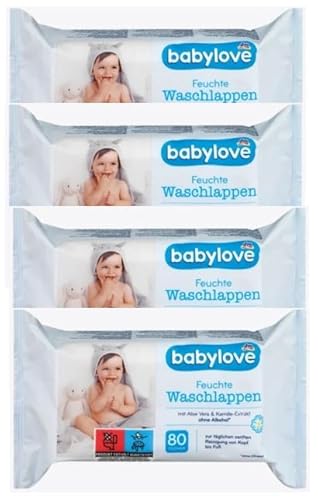 Babylove Feuchte Waschlappen - Sanfte Reinigung mit Aloe Vera & Kamille, für empfindliche Babyhaut & Erwachsene, 4 x 80 Stück