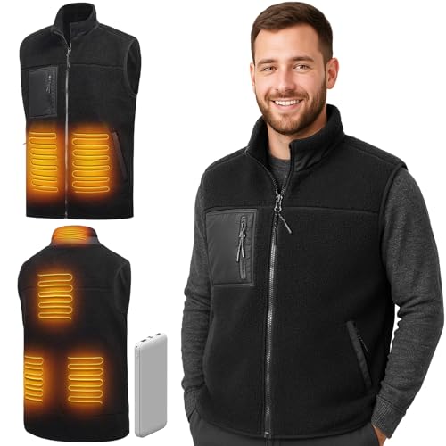 Beheizbare Weste, Heizweste für Damen Herren, Beheizte Jacke mit 10000mAh Powerbank, T3 Polarfleece Heizjacke, USB Wärmeweste mit Akku (DE/NL/SE/PL, Alphanumerisch, L, Regular, Regular, Schwarz)