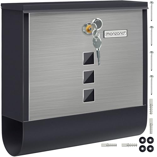 MONZANA® Briefkasten Kreuzschloss mit Kupfer-Schließzylinder drehbare Abdeckung 31x10x34 cm Sichtfenster Namensschild Zeitungsfach legierter Stahl 2 Schlüssel Postkasten Schwarz-Silber