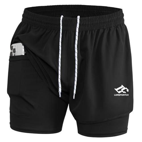 LORSPORTCH Herren Laufshorts 2 in 1 Shorts Gym Athletic Shorts Outdoor Marathon Workout Trainingsshorts Mit Eingebaut Taschen Schwarz XL