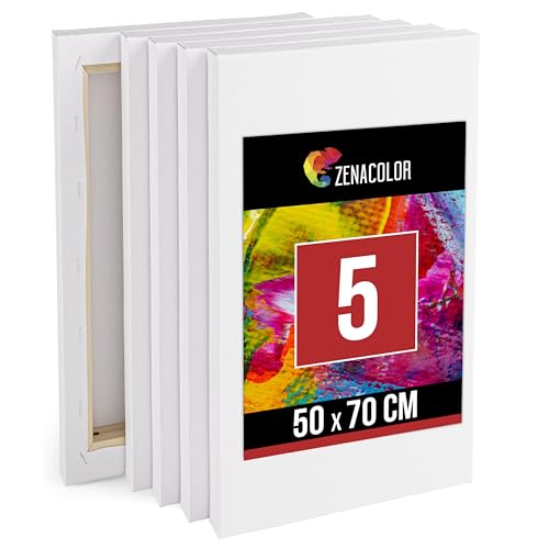 Zenacolor Leinwand auf Keilrahmen 5er Set - 50x70 Canvas Zum Bemalen - 5 Stück 100% Säurefreie Baumwolle - Groß für Alle Farbarten