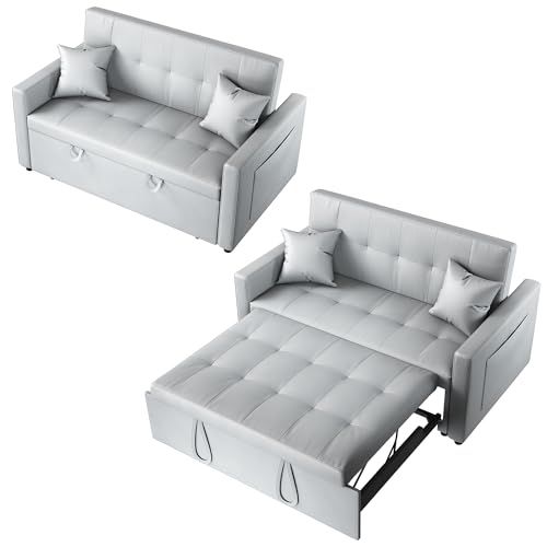 SONNI Sofa, Schlafsofa mit Schlaffunktion, 178x140x78cm, Klappbares Sofabett mit 3 Verstellbare Winkel, Bettcouch, Couch mit 2 Kissen, Katzenkratzleder, Ideal für Wohnungen Wohnzimmer, Hellgrau