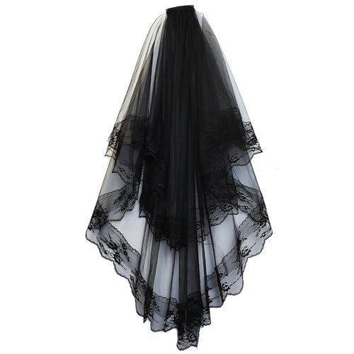 SUNHUITOY Brautschleier Schwarz - Halloween Hexe Cosplay Mit Kamm für JGA Junggesellinnenabschied Hochzeit Zubehör (Schwarz 3)