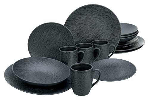 CreaTable, 20539, Serie Schiefer Black, 16-teiliges Geschirrset, Kombiservice aus Steinzeug, spülmaschinen- und mikrowellengeeignet, Made in Portugal