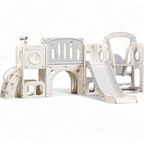 9-in-1 Kinder Spielturm mit Rutsche, 255x160 cm, Schaukel, Basketballkorb, Kletterkomplex, Weiß, Indoor Spielplatz (899)