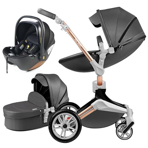 Hot Mom Kinderwagen set mit 360° Drehfunktion, Kombikinderwagen 3-in-1. Ausgestattet mit PU-Reifen und Kunstledersitz und viele weitere Zubehören, Dunkelgrau