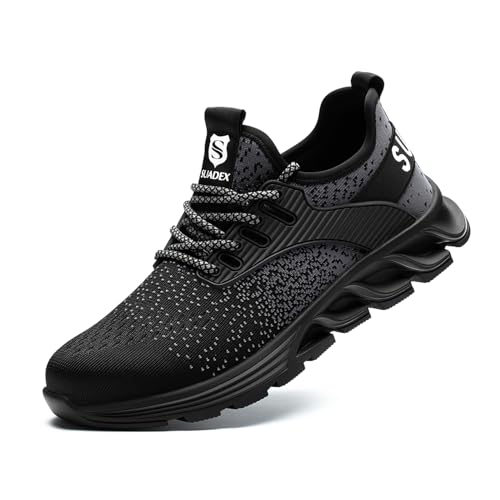 SUADEX Sicherheitsschuhe Arbeitsschuhe Herren Damen Leicht S3 Arbeitsschutzschuhe Stahlkappenschuhe Atmungsaktiv mit Stahlkappe Schwarz 43 EU