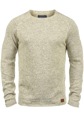 Blend BHDan Herren Strickpullover Feinstrick Pullover mit Rundhalsausschnitt Baumwollmischung Label-Patch Regular fit, Größe:L, Farbe:Bone White (70016)