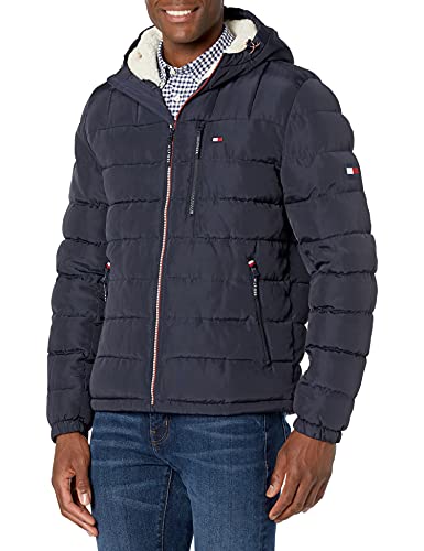 Tommy Hilfiger Herren Midweight Sherpa Lined Hooded Water Resistant Puffer Jacket Mantel, Midnight Tech, L