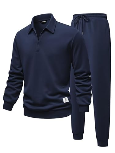 JMIERR Herren Jogginganzug Set Blau Polo Kragen 1/4 Reißverschluss 2-Teiliger Trainingsanzug Sweatsuit Paarkleidung Freizeit Tracksuit L