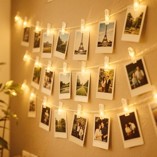 Hoteril 12M Lichterkette mit Klammern für Zimmer Deko, 120 LEDs Fotoclips Lichterkette mit 60 Klammern Bilder Fotos Wand Batteriebetriebene für Wohnzimmer, Weihnachten, Hochzeiten