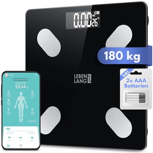 LEBENLANG Körperwaage Personenwaage digital - Bis 180 Kg Präziseste Messung mit App Connect I 4 Elektroden Waage Personen Körperfettwaage Gym Wage I Digitale Smart Weight Scale Scales Personenwaagen