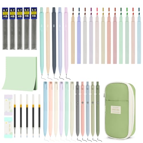 Vicloon 44 Stück Schulsachen mit Mäppchen, 5 Schwarz Gelstifte, 6 Farbe Gelstifte, 12 Pastell Textmarker, 6 Druckbleistifte, Aesthetic School Stuff & Schreibwaren Set für Teenager Mädchen