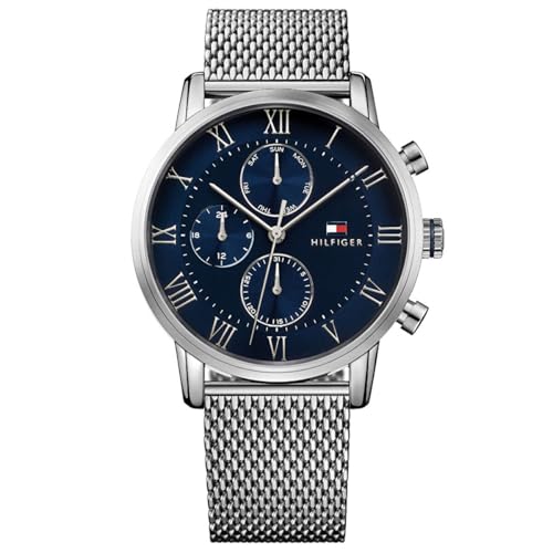 Tommy Hilfiger Herren-Multifunktions-Quarzuhr 44mm mit Blauem Zifferblatt, Edelstahlgehäuse und Mesh-Armband, 3ATM Wasserbeständigkeit - 1791398