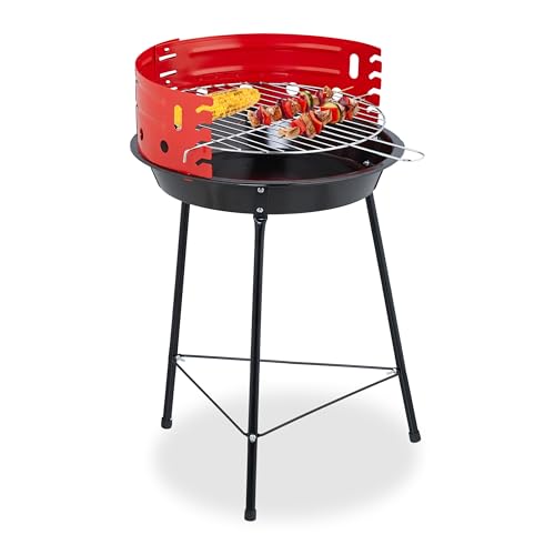 Relaxdays Holzkohlegrill, Ø 37 cm, Dreibein, Picknickgrill Garten & Park, Griller mit Windschutz, Rundgrill, schwarz/rot