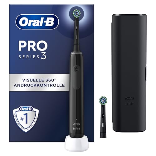 Oral-B Pro Series 3 Elektrische Zahnbürste, 3 Putzmodi, 360° Andruckkontrolle für Zahnpflege, 2 Aufsteckbürsten, 1 Reise-Etui, Designed By Braun, Schwarz