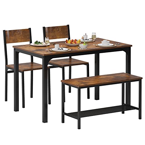 sogesfurniture Essgruppe 4-teilig, mit Esstisch 110 * 70 * 76cm, 2 Stühlen, eine Sitzbank in Metallgestell, Rechteckig Küchentisch-Set mit Ablagefläche für Wohnzimmer, Esszimmer, Vintagebraun