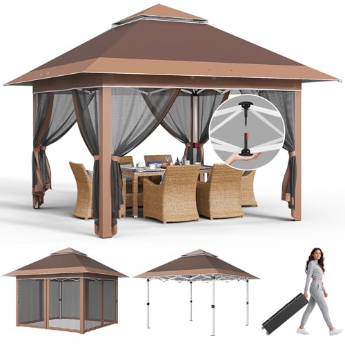 JUMMICO Pop Up Pavillon 3,24x3,24 Wasserdicht Stabil Winterfest mit 4 Moskitonetz Seitenteilen, Faltpavillon UV Schutz 50+, Doppeldach Pavillion für Patio Familientreffen,Braun