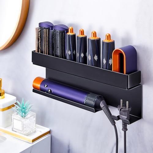 WAYASI Föhnhalter Wand Ohne Bohren, Föhn und Glätteisen Halterung Für Styler Lockenstab Zubehör, Fönhalterung Wandhalterung, Selbstklebend Haartrocknerhalter Organizer Bad (Schwarz)