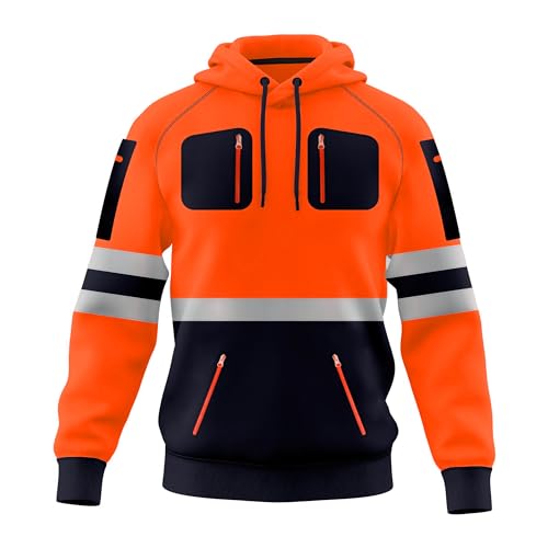 Herren Hi Vis Arbeitskleidung, Sicherheitssweatshirt, reflektierendes Band, hohe Sichtbarkeit, Sweatshirt, Oberteil, mehrere Reißverschlusstaschen, S-XXL, Orange Navy 2, XXL