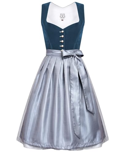 DIRNDLSTERN Damen Midi Blau - Dirndlkleid Samt Trachtenmode Kleid mit Dirndlschürze Trachtenkleid für Oktoberfest 36