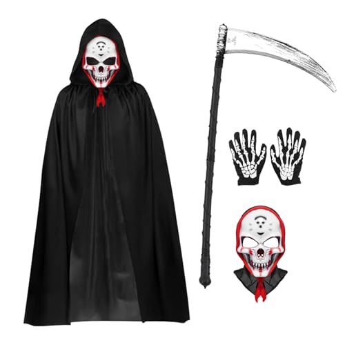 AXERHK Halloween Kostüm, Sensenmann Kostüm Robe Mit Kapuze Schwarzer Umhang, Halloween Sensenmann Kostüm Set Für Unisex Rollenspiele Party Karneval Cosplay