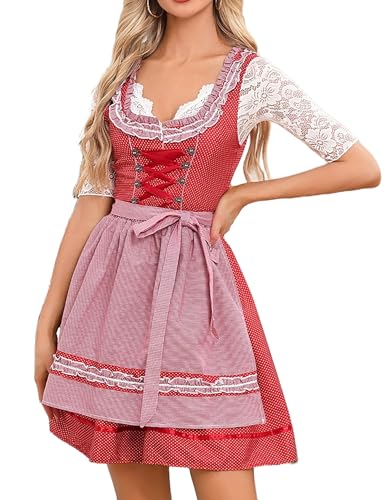 Zeagoo Oktoberfest Kleider Damen Trachtenmode Dirndl Midi Elegante Germanydress für Bierfest Oktoberfest Punktmuster Rot XXL