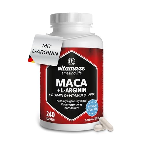 Maca Kapseln hochdosiert + L-Arginin + Vitamine + Zink, 240 Kapseln, Pulver aus der Maca Wurzel für 2 Monate, Pflanzliche Nahrungsergänzung ohne Zusätze, Made in Germany